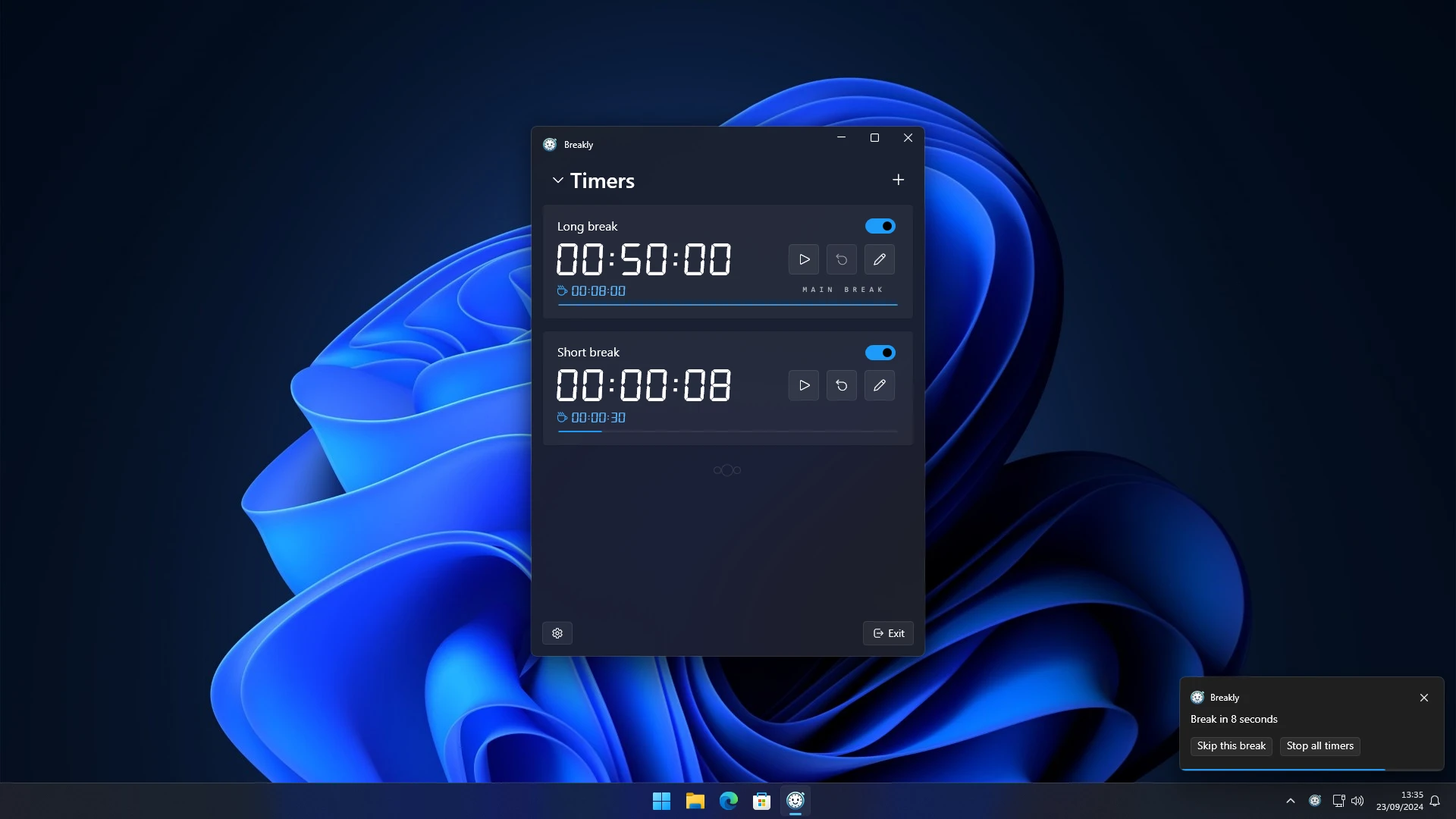 Upcoming break notification in the lower right corner.