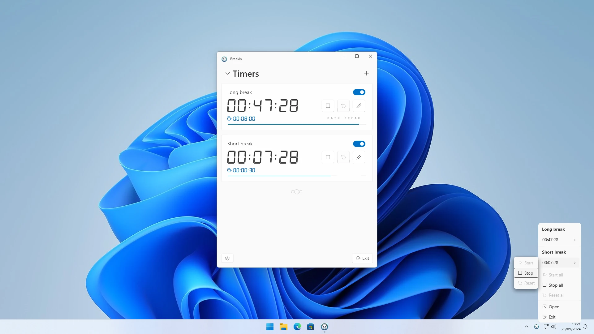 System tray menu with timer controls.