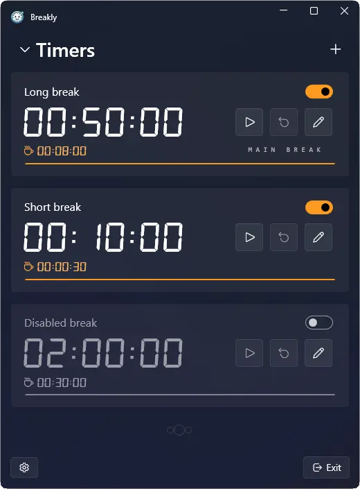 Breakly's main window with a list of break timers.