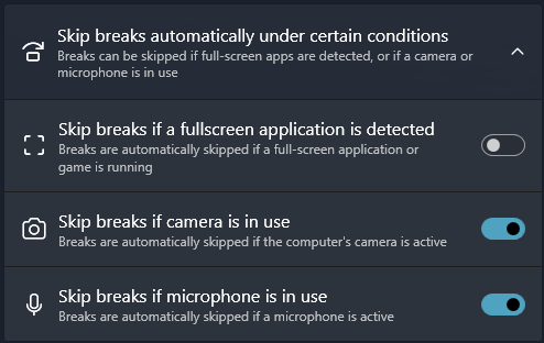 A screenshot of the settings that define when a break should be skipped.