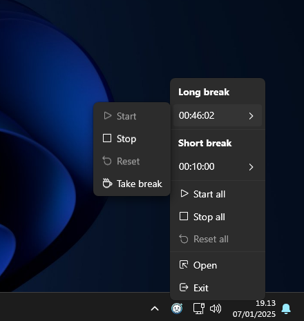 Breakly's system tray menu with a list of break timers and their menu options.